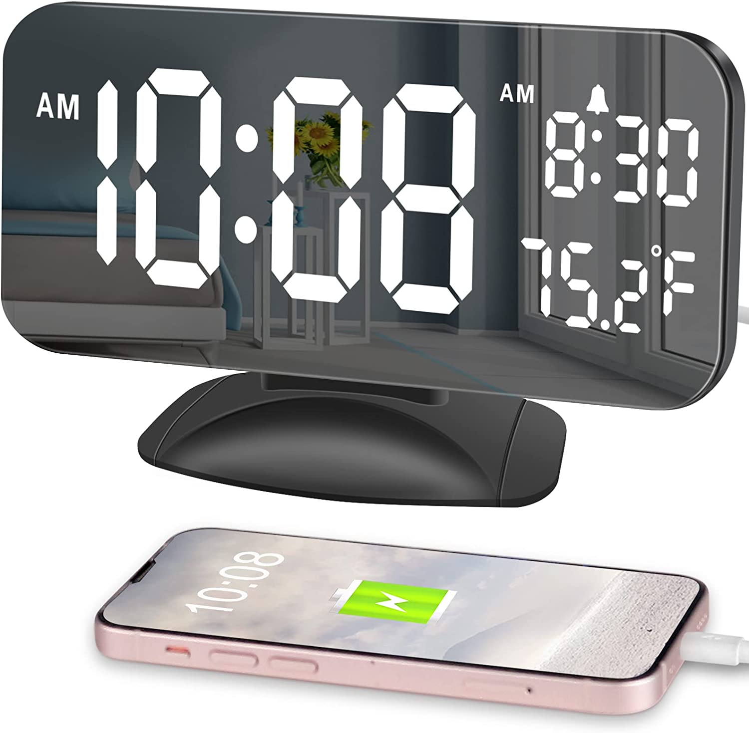 Digital Alarm Clock with 2 Charger Ports. 7'' Corded Electric Desk