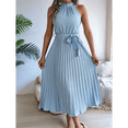 thumbnail image 4 of Vestido de Cóctel Midi Plisado con Cuello Halter, Sin Mangas y Corte en A para Mujer, para Playa y Sol (Verano 2025) Azul M, 4 of 10
