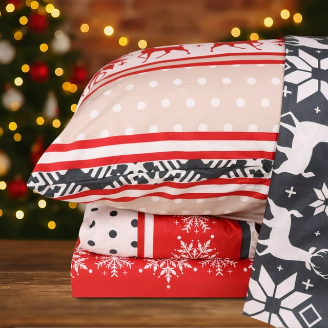 Hitime Full Size 4-Piece Christmas Sheet Set - Ultra Soft & Breathable Polyester Bed Sheets, All Season Cooling Bedding with Deep Pockets, Wrinkle & Fade Resistant (Christmas Classical Stripe)