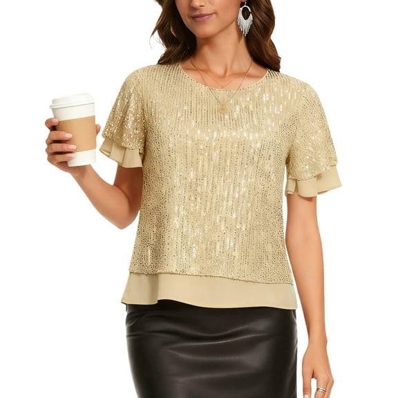 purcolt Womens Sequin Crop Tops Crew Neck Ruffled Short Sleeve Shirts Party Club Concert Outfits