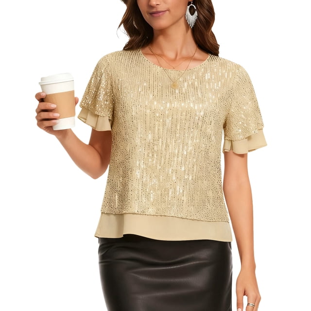Craaazy Women's Sparkle Short Sleeve Top with Scallop Hem and Round Neck Gifts