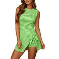 thumbnail image 4 of Women's Sweet Plaid Gingham Sleeveless Jumpsuits Tie Waist Wrap Skirt Overlay Shorts Rompers Summer Beach Vacation Outfits Loungewear Green, 4 of 7