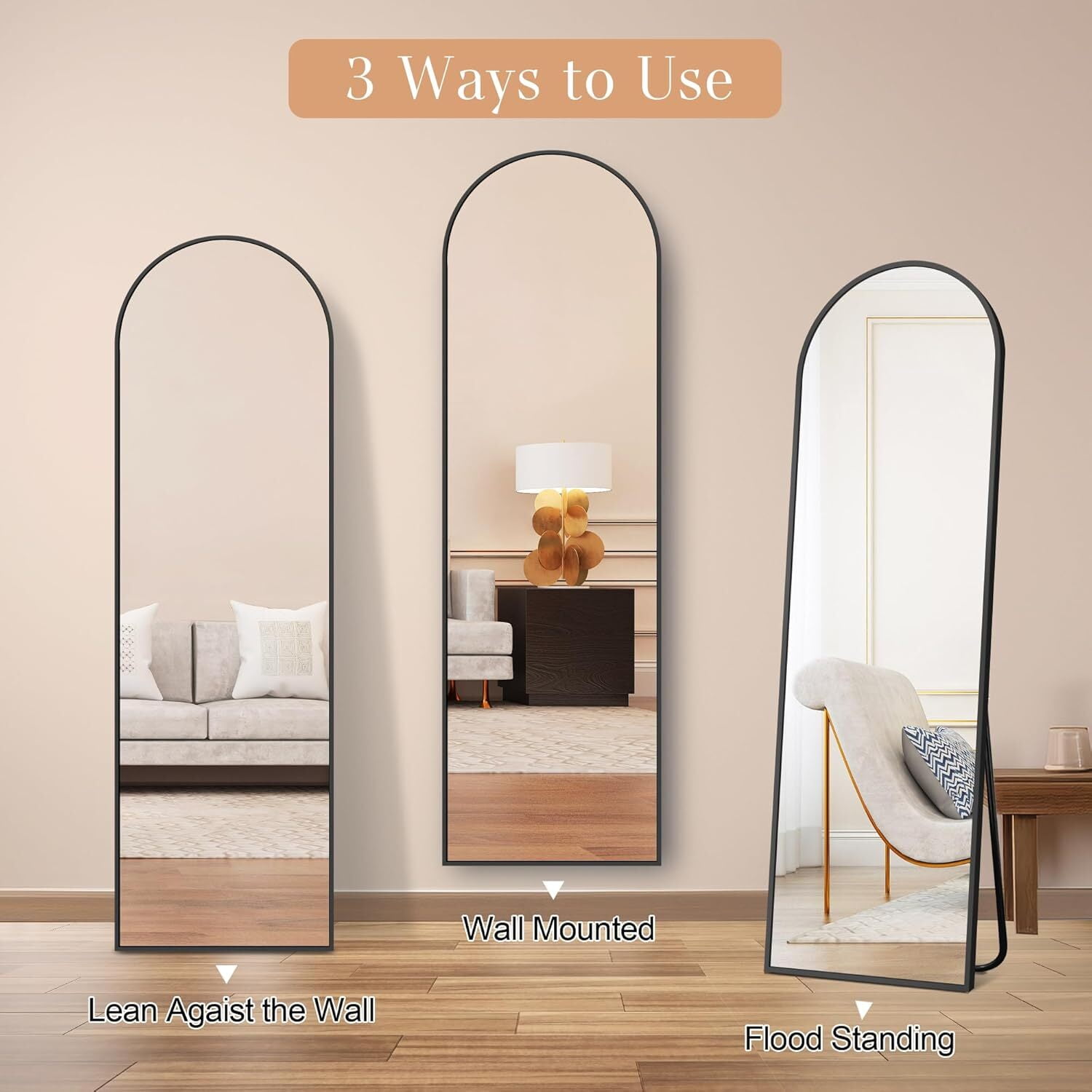 Anyrose 58"x 18" Arched Full Length Mirror Floor Mirror with Stand Wall-Mounted, Black