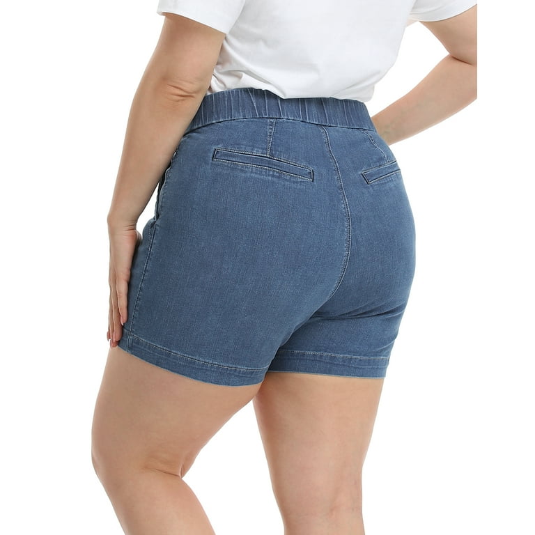 HDE Women s Plus Size Jean Shorts High Waisted Pull On Shorts Blue 14