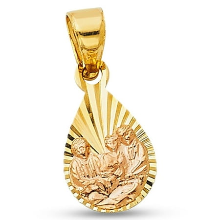 Baptism Drop Pendant 14k Yellow Rose Gold Holy Baptize Stamp Charm Diamond Cut Two Tone 13 x 10 mm