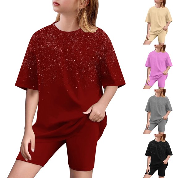 Lovzfmll 2-Piece Sparkle Yoga Set, Short Sleeve Glitter Top & Shorts for Boys & Girls, Casual Outfits for Kids 5-6 Years