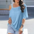 thumbnail image 7 of Guluxicc Women's Off Shoulder Shirts Casual Solid Color Short Sleeve Pullover Tops, Blue, XL, 7 of 7
