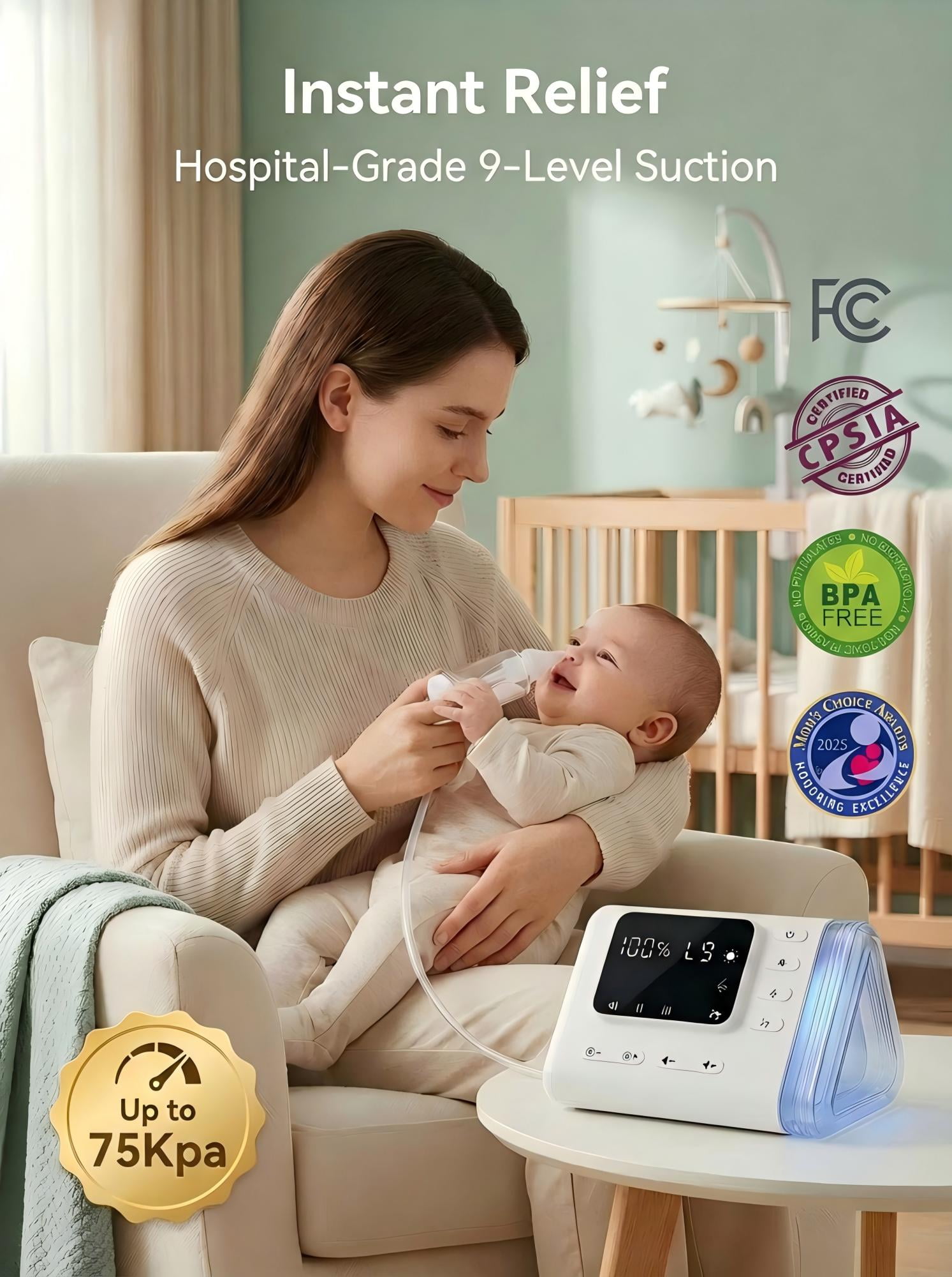 Electric Baby Nasal Aspirator - Hospital Grade Suction 9 Levels Nose Sucker for Newborn Toddler, Rechargeable Mucus Remover with Integrated Storage, Music & Light, Snot Cleaner for Congestion Relief