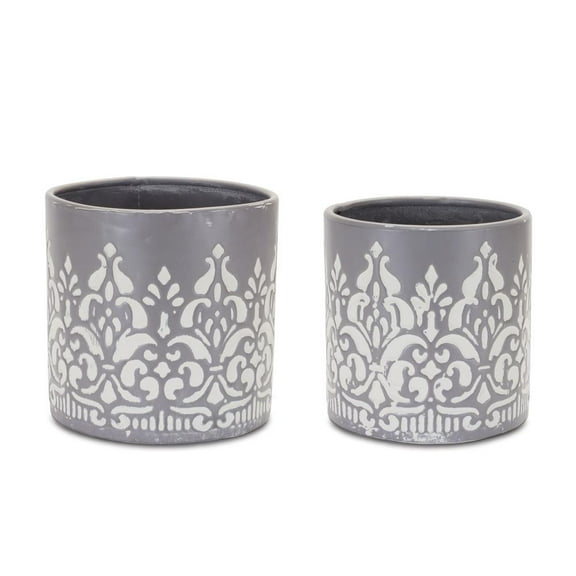 Melrose Ornate Planters - 7.5" - Gray and White - Set of 2