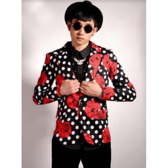 Men's Black And White And Red Polk Dot Christmas Party Suit Jacket And Pants- Cotton Fabric Floral Suit