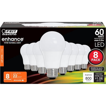 A19 LED Light Bulbs, 60W Equivalent, Dimmable, E26 Standard Base, 90 CRI, 800 Lumens, 2700K Soft White, 120V, 22 Years Lifetime, Damp Rated, 8 Pack, OM60DM/927CA/8