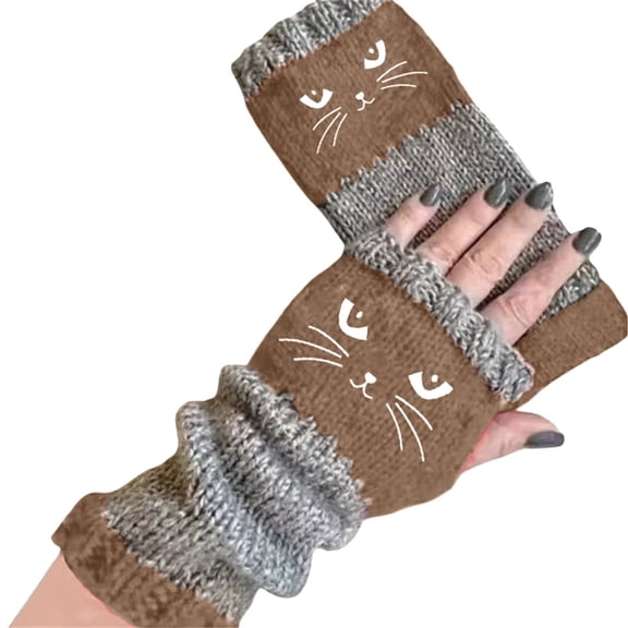 OJJCXA Womens Mens Gloves for Women Men Cat Embroidery Splicing Knitted Leaky Finger Casual Fashion Warm Winter Gloves
