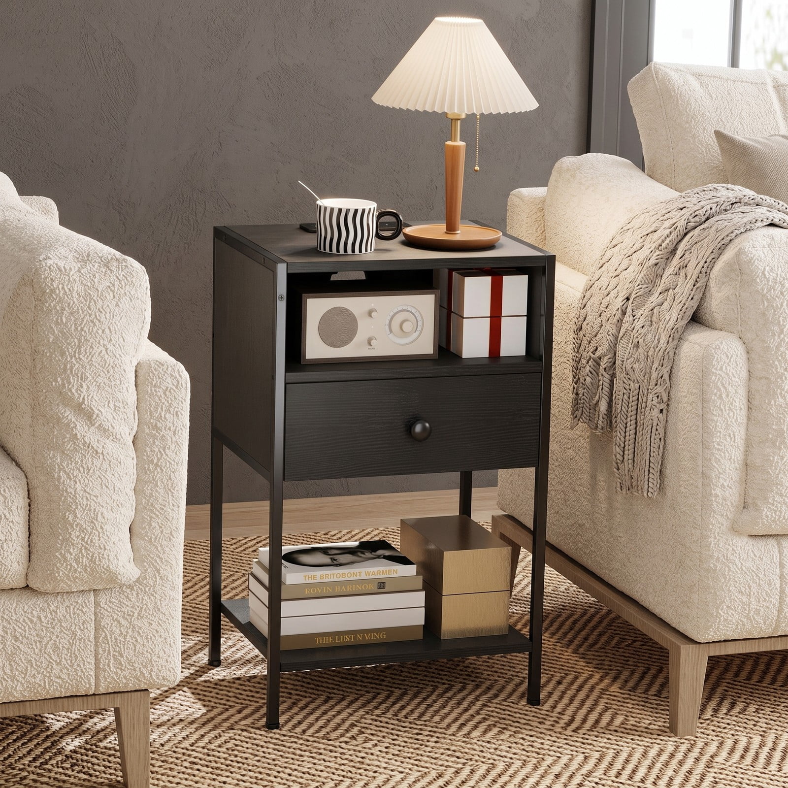 Furnibear Nightstand with Charging Station and USB Type-C Ports plus Drawer and Open Shelf for Bedroom and Living Room, Black