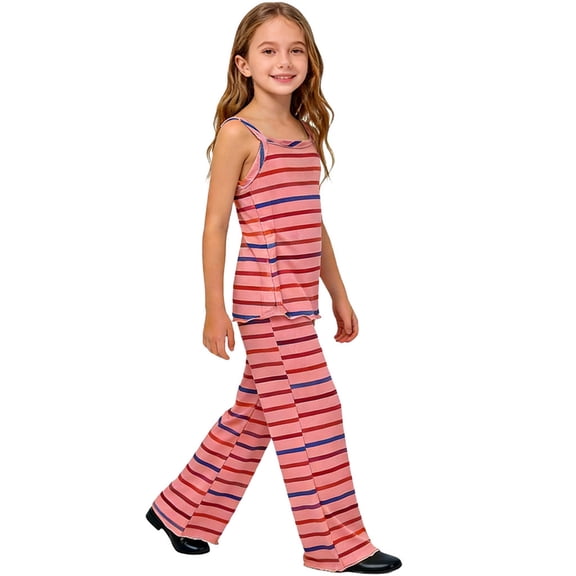 CLOISE 2 Piece Outfit for Kids Girls Sleeveless Striped Outfits Beach Matching Sets Tank Tops Flare Pants Travel Clothes