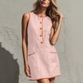 thumbnail image 6 of Wovilon Women's Round Neck Sleeveless A-Line Mini Dress, Button Front Contrast Trim Pocket Shift Top, Relaxed Lightweight Breathable Cotton Linen Blend Solid, 6 of 7