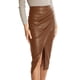 thumbnail image 1 of Falda midi ajustada de cuero sintético con cintura alta, abertura delantera, cremallera trasera y fruncidos para ir de fiesta en otoño, tallas S-XL, 1 of 5