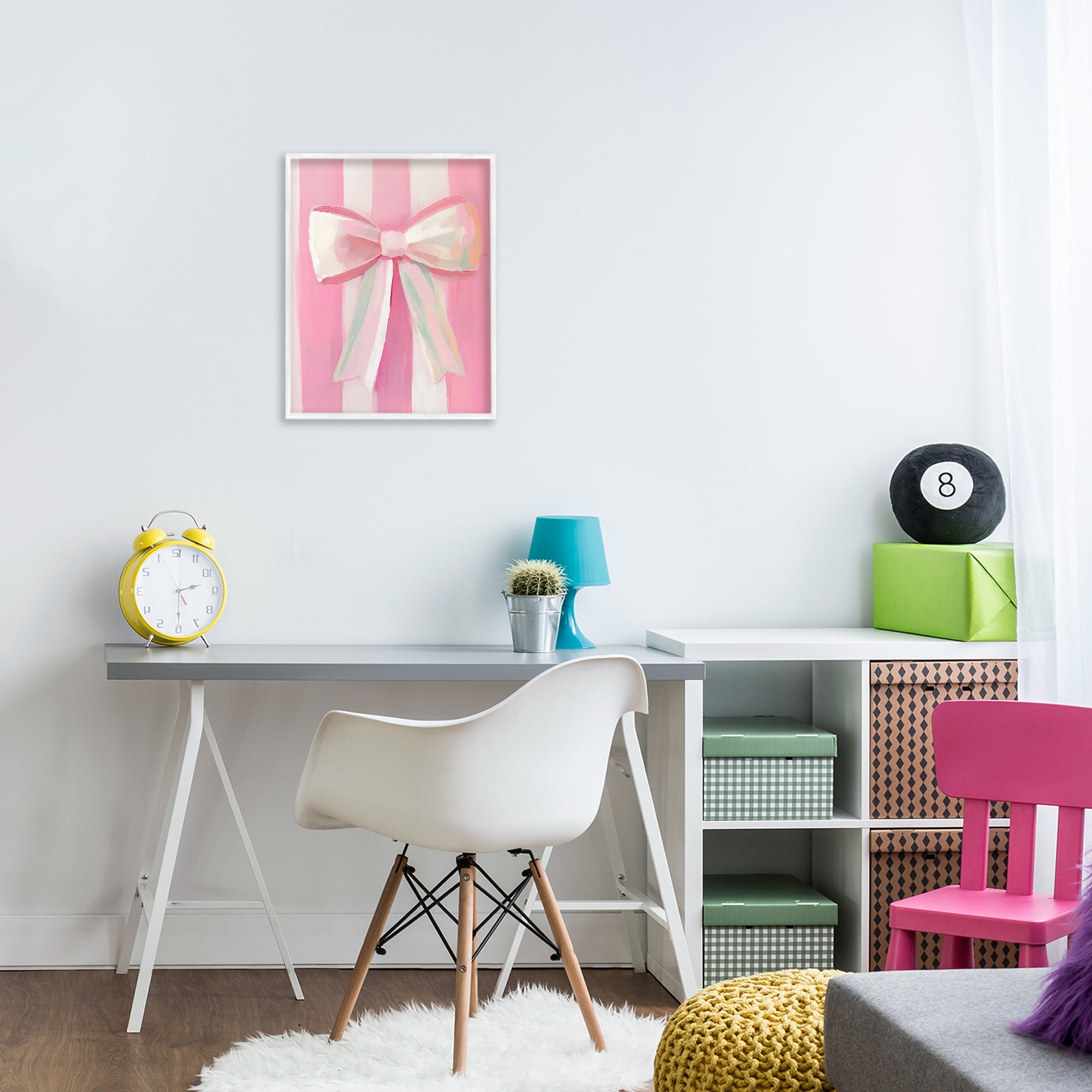 Stupell Industries Preppy Pink Bow on Stripes White Framed Giclee Art, design by The Prints Vibe