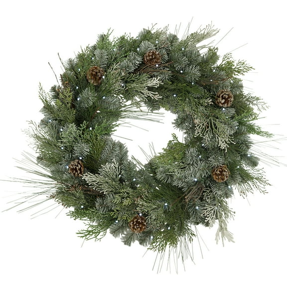 The Gerson Company 32 in PreLit Snowy Mixed Pine Wreath with Pine Cones and Twig and Cedar Accents - Green - N/A