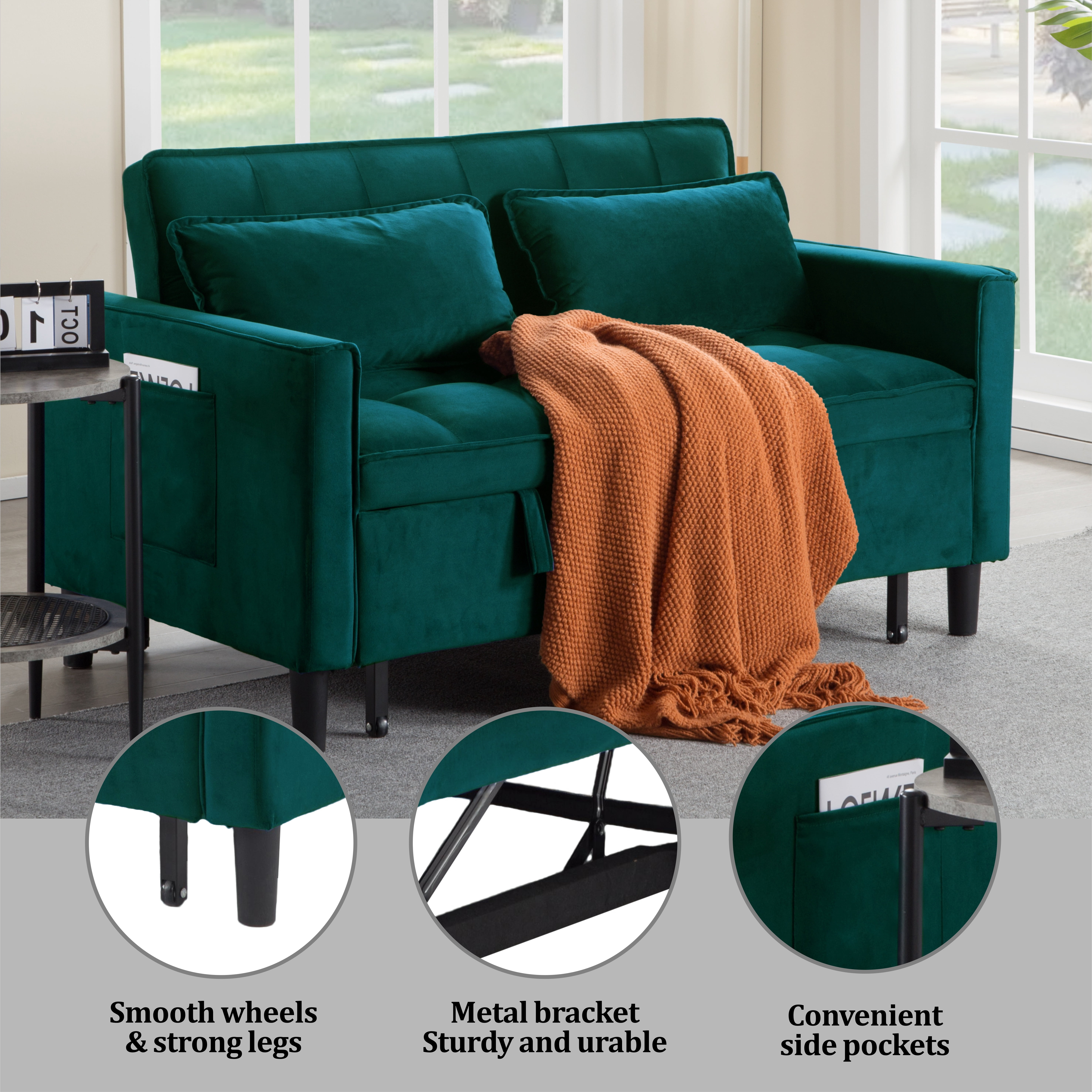 Gewnee 53.94" Pull-Out Sofa Bed – Convertible Twin Size Sleeper Bed,3 Adjustable Backrest Angles & Storage Side Pocket for Living Room,Office,Guest Room.Teal