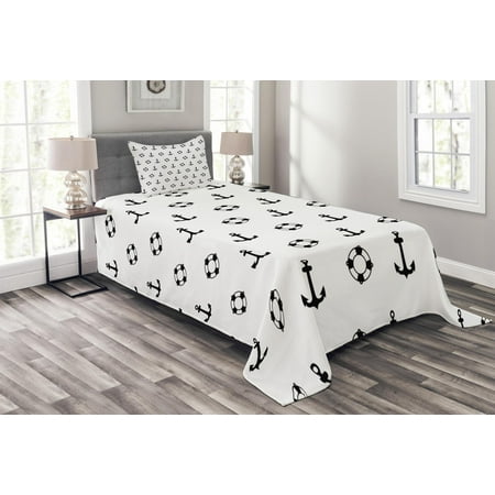 Monster High Bedspread Nautical Bedspread Set, Maritime Theme Objects Anchors and Lifebuoys Pattern Navy Ocean High Seas, Decorative Quilted Coverlet Set with Pillow Shams Included, Black and White, by Ambesonne ()