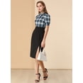thumbnail image 4 of Blusa de cuello con cuello de lazo a cuadros para mujer, camisa de manga corta con soplo corto retro, top Azul marino L, 4 of 6