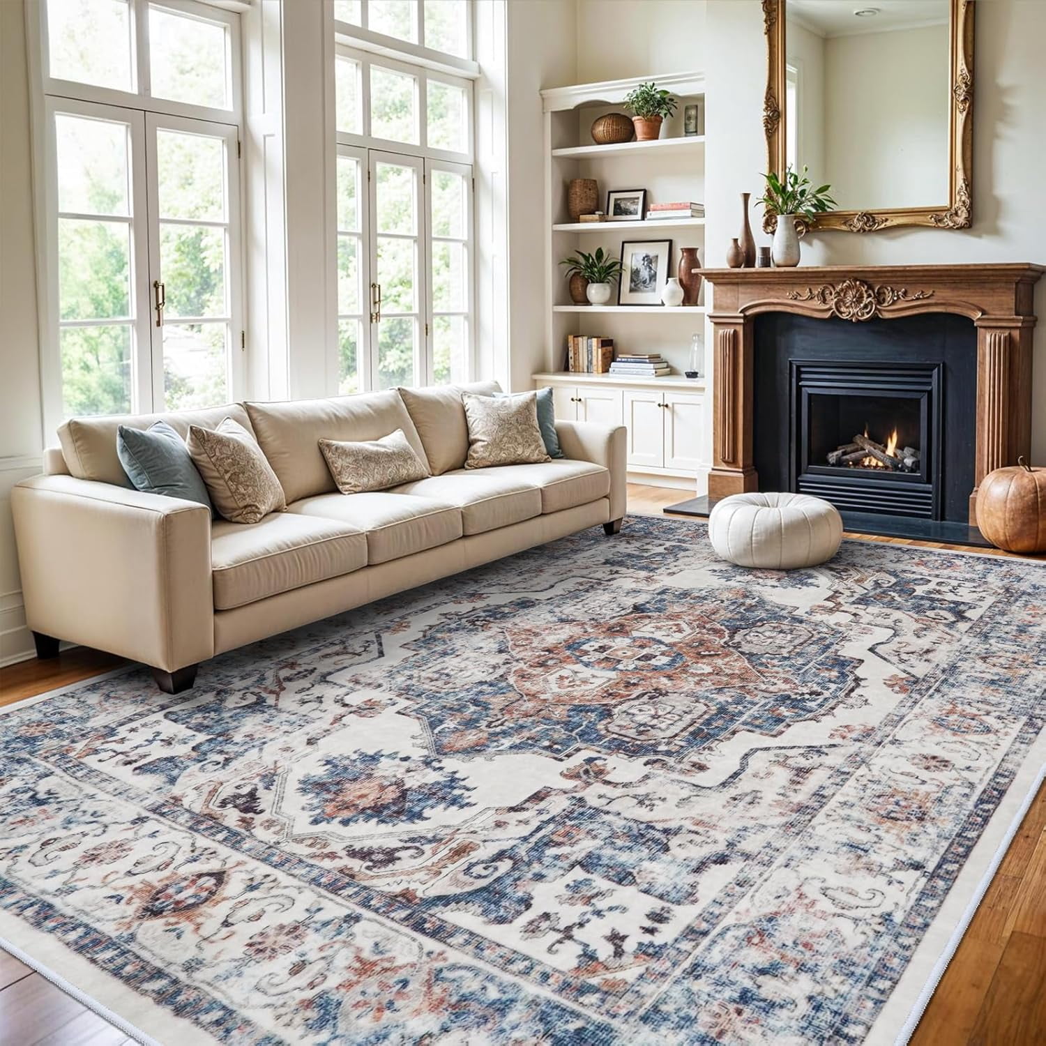 YOUFORTONG 10x14 Washable Vintage Area Rug, Extra Large Low Pile Stain Resistant Non-Slip Indoor Carpet for Living Room Bedroom Dining Room, Brick