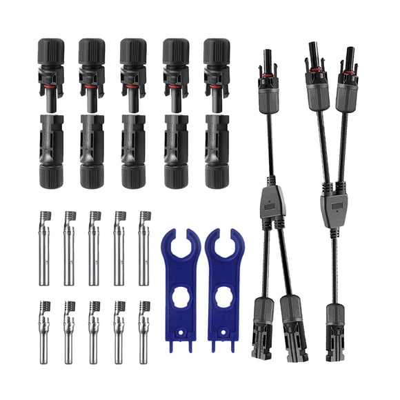 Labymos 5 Pairs Male/Female Solar Panel Cable Connectors with 1 to 2 Branch Y Type Branch Connector Spanner Assembly Tool for PV System IP67 Waterproof DIY Cable Accessories Tool
