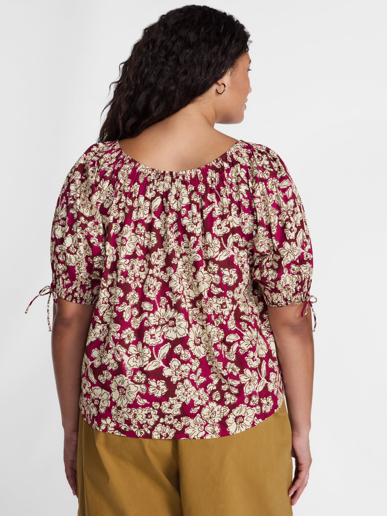Terra & Sky Women's Plus Scoop Neck Top with Short Tie Puff Sleeves, Sizes 0X-5X