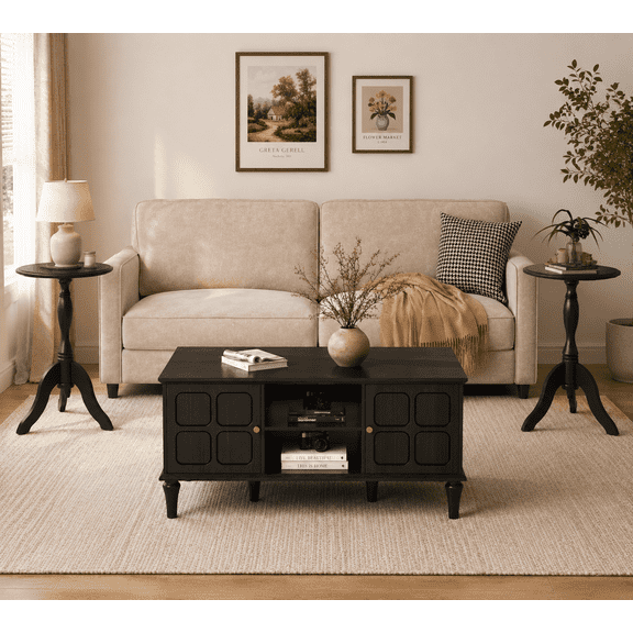 HLR Mid Century Living Room Table Set of 3 Piece, Black Wood 39" Coffee Table and End Side Table Sets Furniture