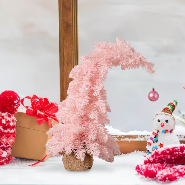 Decoraciones navideñas, adornos navideños, regalos navideños. Mini árbol de Navidad con spray de nieve puntiagudo de 45 cm. Decoración de escritorio/ventana con copos de nieve rosas. Mini joyería.