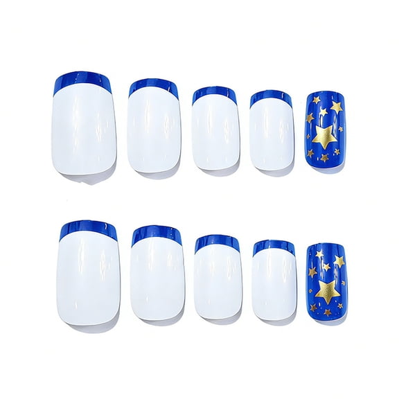 24Pcs Short Square 4th of July Independence Day Press On Nails, White Blue French Gold Glitter Star Patriotic False Nails, Reusable Nail Tips for Holiday Party Daily Manicure Decor
