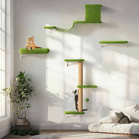Cat Wall Shelves, Stable & Safe 4 in 1 Large Cat Wall Furniture Set, Wooden Cat Climbing Wall with Scratching Post, Cat Bridge and Cat Bed, Stylish Cat Jungle Gym for 16 Inch Drywall - Green