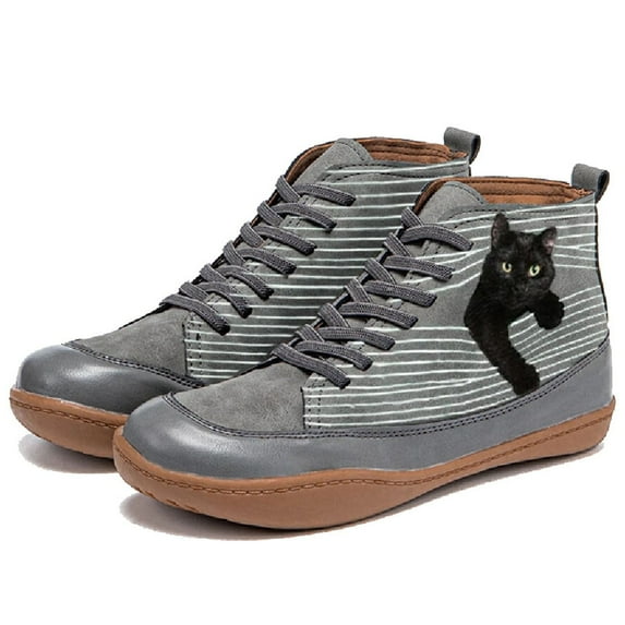 Tejiojio Clearance Women's Comfortable Booties Cat Print Leather Flat Heel Boots Retro Shoes