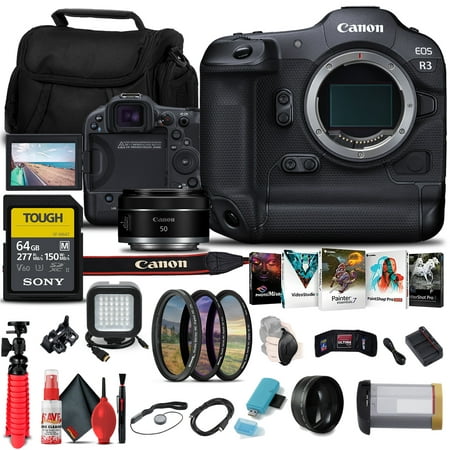 Canon EOS R3 Mirrorless Camera (4895C002) + Canon RF 50mm f/1.8 STM Lens (4515C002) + Sony 64GB TOUGH SD Card + Filter Kit + Card Reader + LED Light + Corel Photo Software + Telephoto Lens + More
