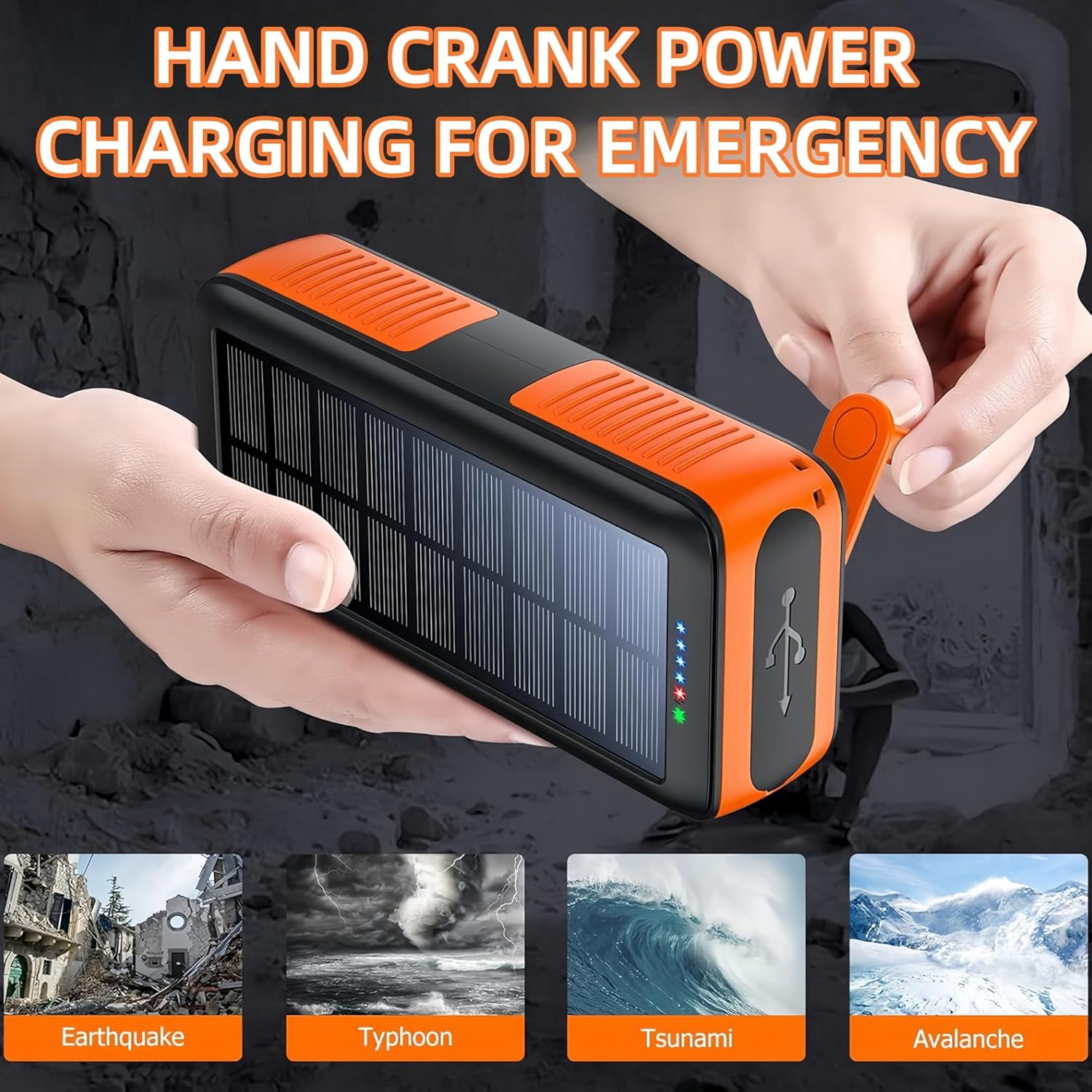 Solar Power Bank with Panel, 63200mAh Camping Power Bank, Hand Crank Charger Dual Outputs Inputs 4 LED Flashlight, Waterproof Outdoor Solar Charging Battery Pack for Hiking Emergency
