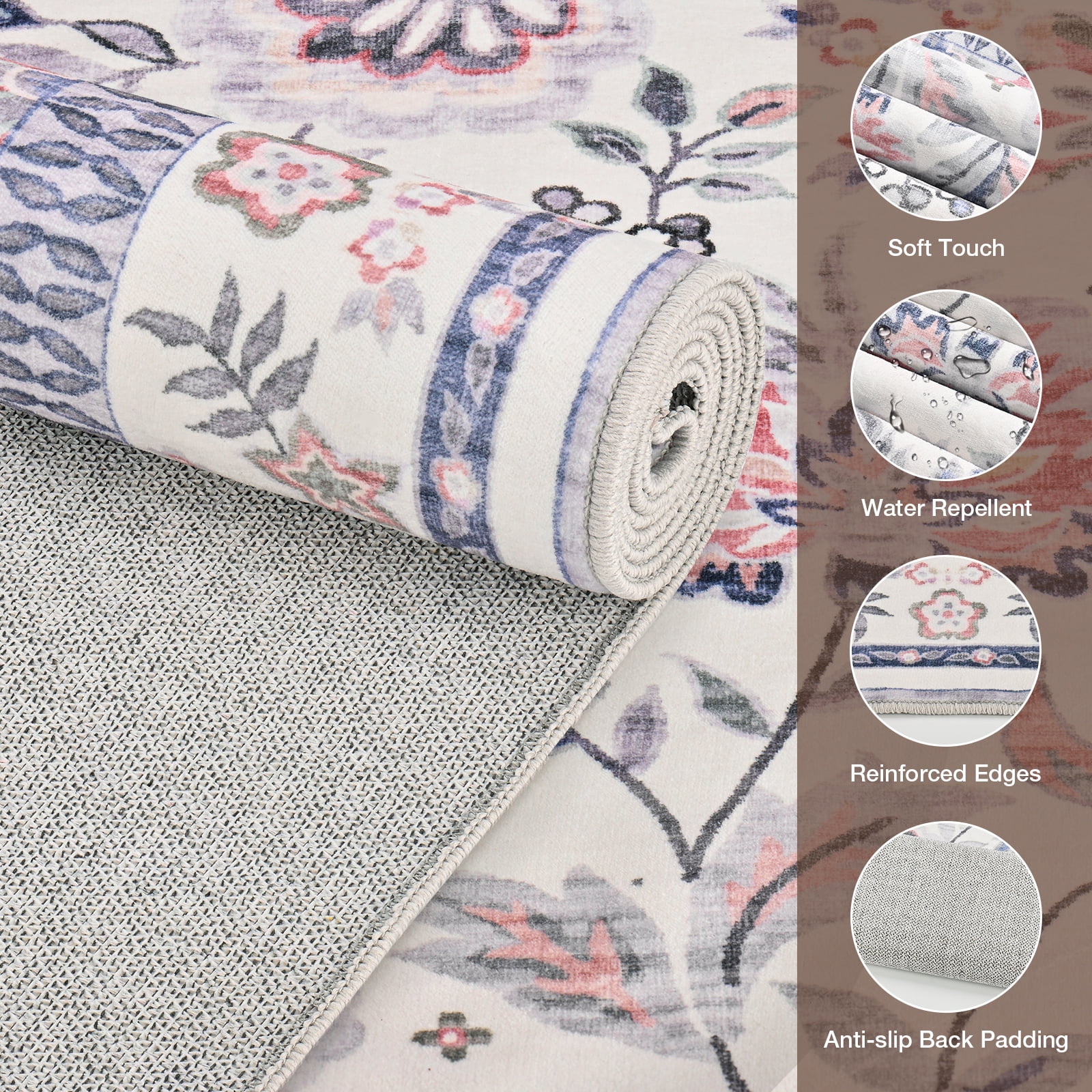 Washable Area Rug for Living Room, Curtilage 4'x6' Boho Blue Floral Print Indoor Rug, Soft Low Pile&Stain Resistant Carpet for Bedroom Nursery Kitchen