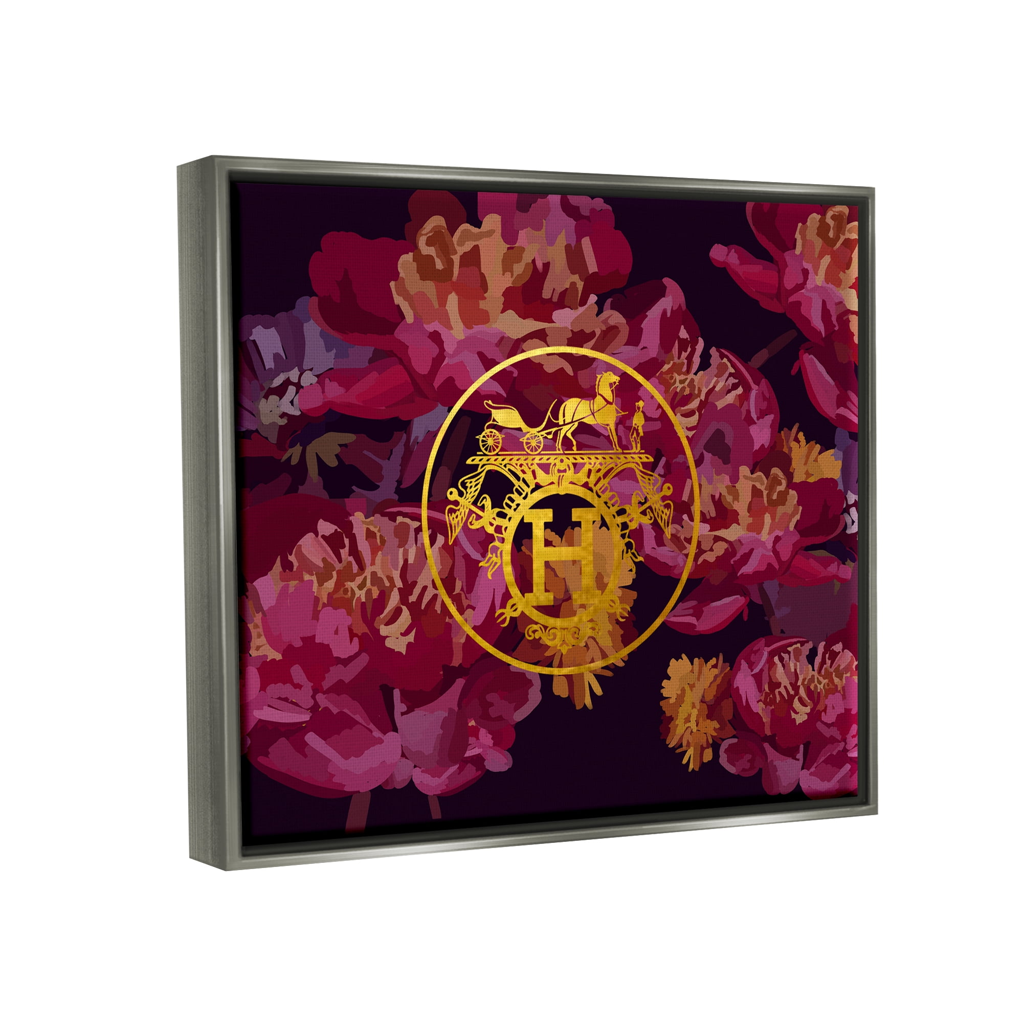 Stupell Industries Glam Emblem Flower Pattern Botanical & Floral Painting Gray Floater Framed Canvas Art Print Wall Art, 31 x 25