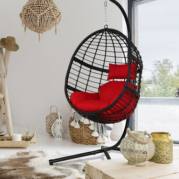 Abble Black Wicker Hanging Egg Chair with Stand for Indoor Living Room Outdoor Patio Swing Chair with Red Cushion and Stand