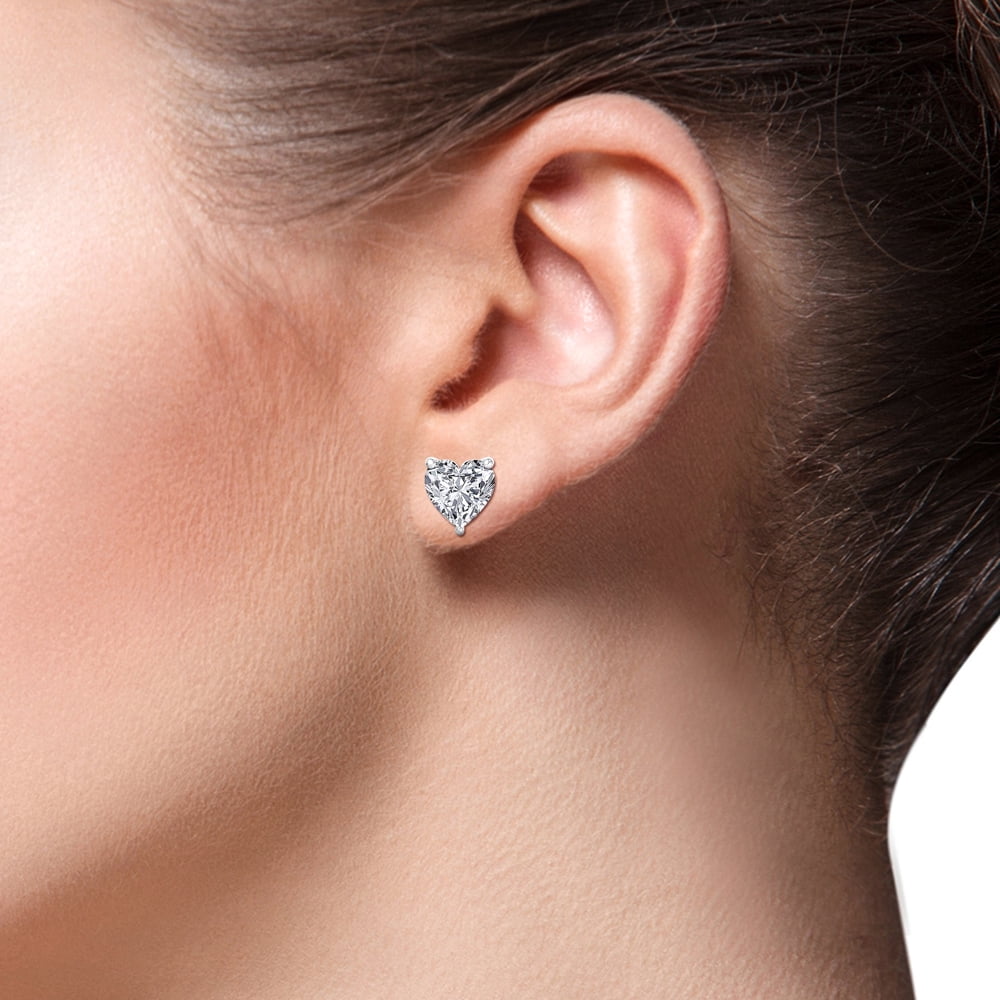 White Gold 925 Sterling Silver Heart Shaped Women's Screw Back Cz Stud Earrings