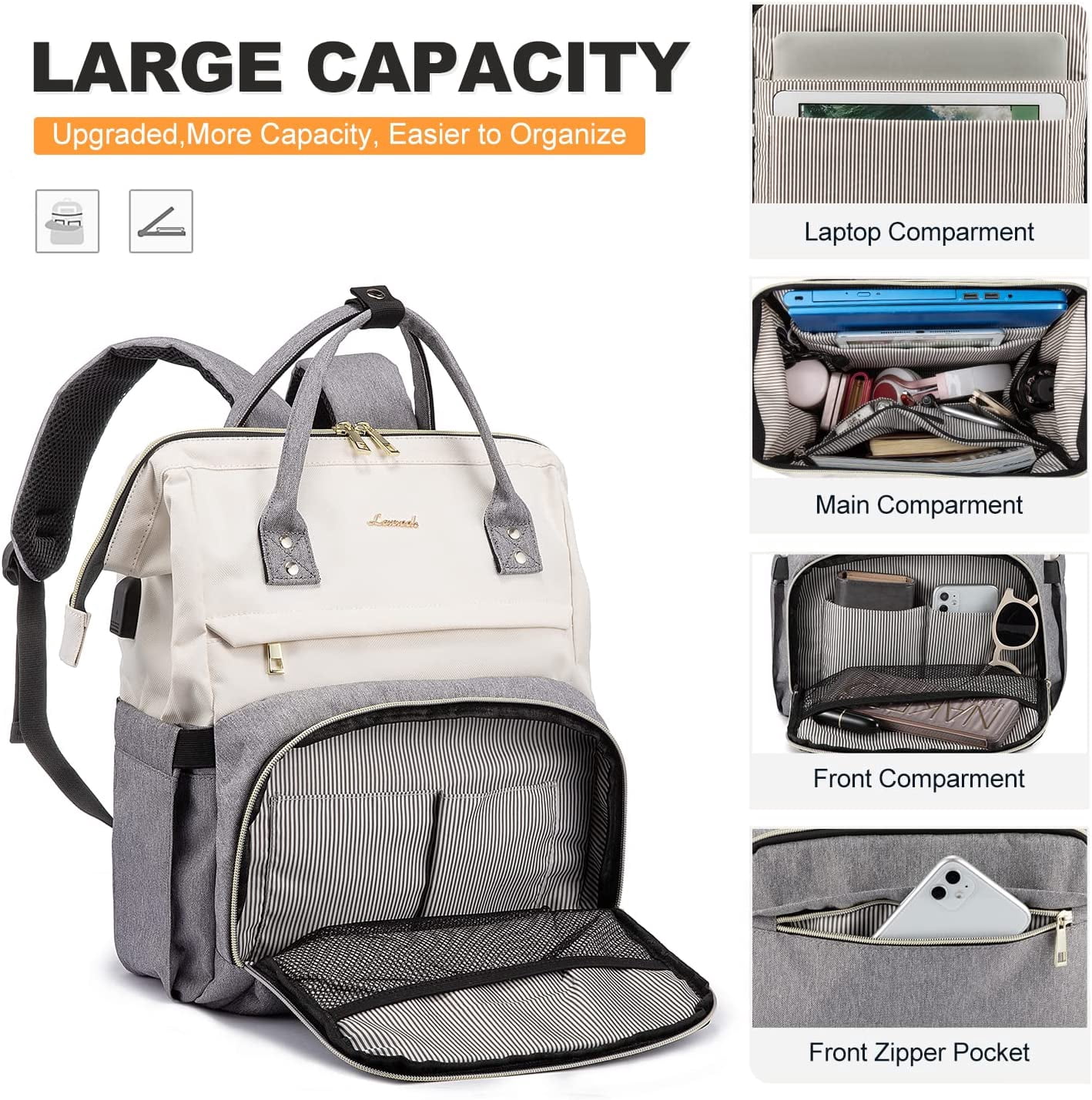 Lovevook Women's Waterproof Nylon Laptop Backpack, Beige-Grey