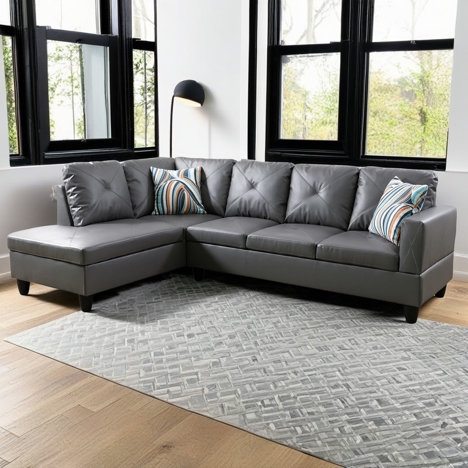 Hommoo Faux Leather Modern Sectional Sofa, Living Room Furniture Sets,L Shaped 4-Seat Couch Sofa Set for Home, Apartment, Dorm, 16'' Back Height, Dark Grey(No Ottomans)
