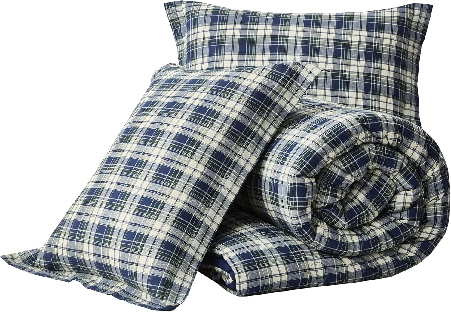 Chezmoi Collection Chad 2-Piece Washed Cotton Comforter Set Twin Size, Blue Green Light Beige Plaid Printed Bedding Set Reversible Lightweight Comforter for All Season