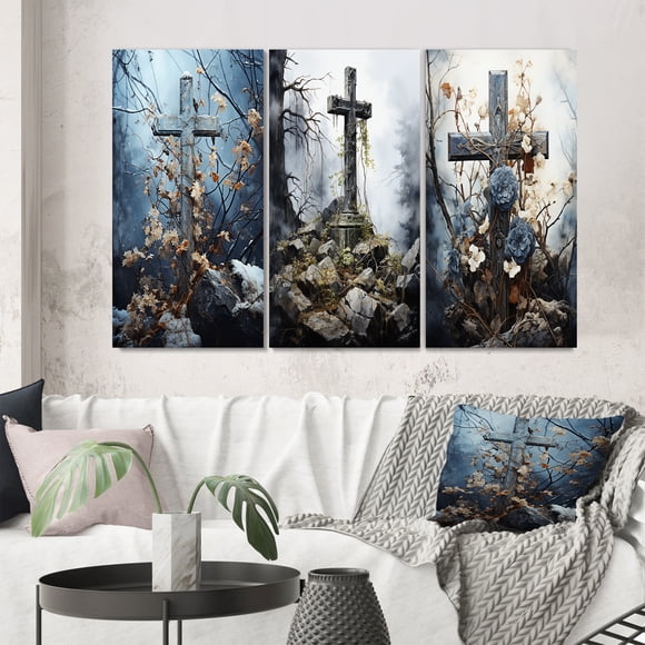 Designart "Sacred Solace Religious Cross wall art III" Christianism Wall Art Set Of 3 - Red Christianism Gallery Wall Set For Home Decor
