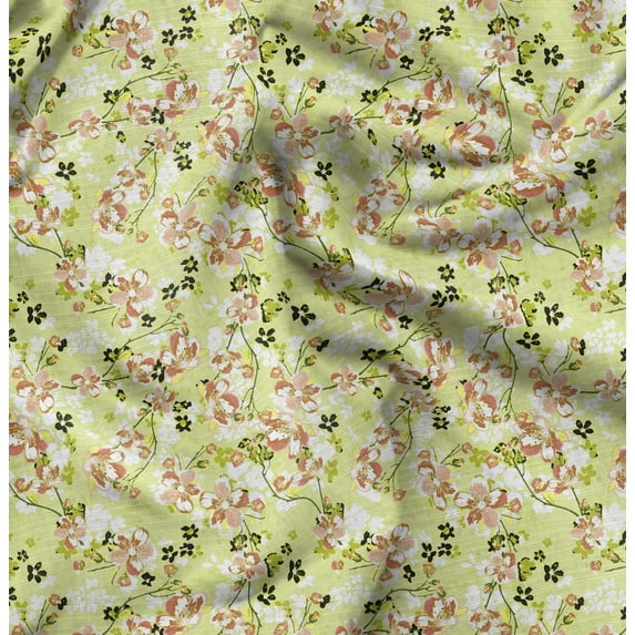 Soimoi Floral Print, Silk Fabric, Decor Sewing Fabric by The Yard 42 Inch Wide,Decorative Fabric for Shirts Suits Ties, Lime Green & Rust