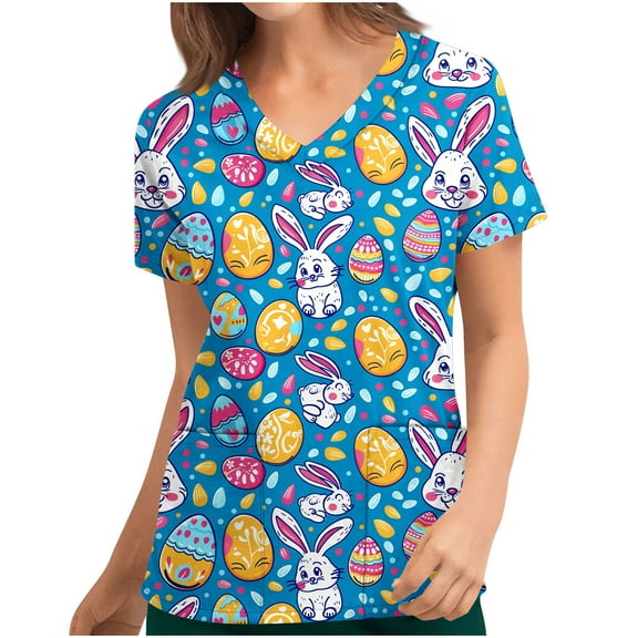 Tnhcen "Women's Easter Print V-neck Short Sleeve Scrubs - Nurse Uniform Tops with Two Large Pockets | Workwear (S-2XL)"