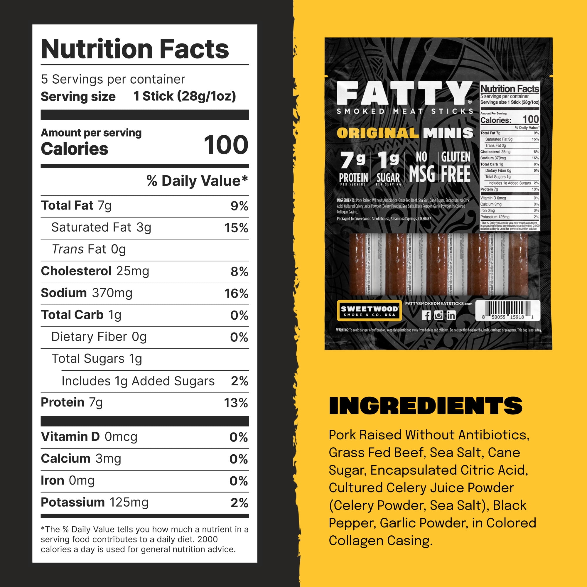 FATTY Mini Meat Sticks, Made with Grass Fed Beef, Pork Raised Without Antibiotics, 7g Protein Per Stick, Original Minis, 1 oz. Snack Size (Pack of 5)