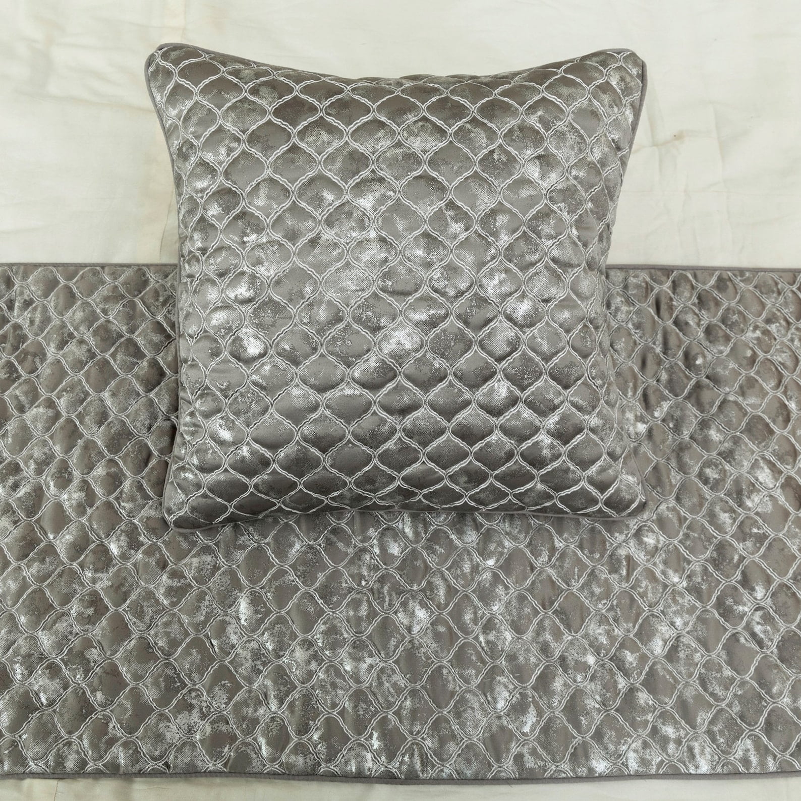 The HomeCentric King / Queen / Twin Grey & Silver Designer Twin 53"x18" Bed Runner WITHOUT Pillow Cover, Quilted, Foil & Trellis Bed Scarf on Silk fabric - Jumanah