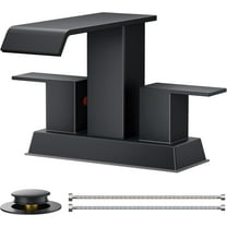 Square Waterfall Matte Black Bathroom Faucets 3 or 2 Hole for 4 Inch Centerset Sink with Metal Pop Up Drain and Hose, Double Handle Operation, Suitable for Vanity RV Restroom Remodel