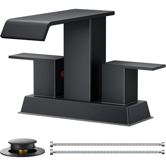 Square Waterfall Matte Black Bathroom Faucets 3 or 2 Hole for 4 Inch Centerset Sink with Metal Pop Up Drain and Hose, Double Handle Operation, Suitable for Vanity RV Restroom Remodel