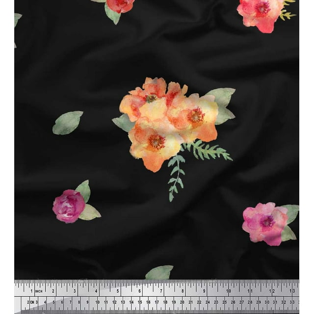 Soimoi Viscose Chiffon Fabric Flower & Leaves Watercolor Print Fabric by Yard 42 Inch Wide